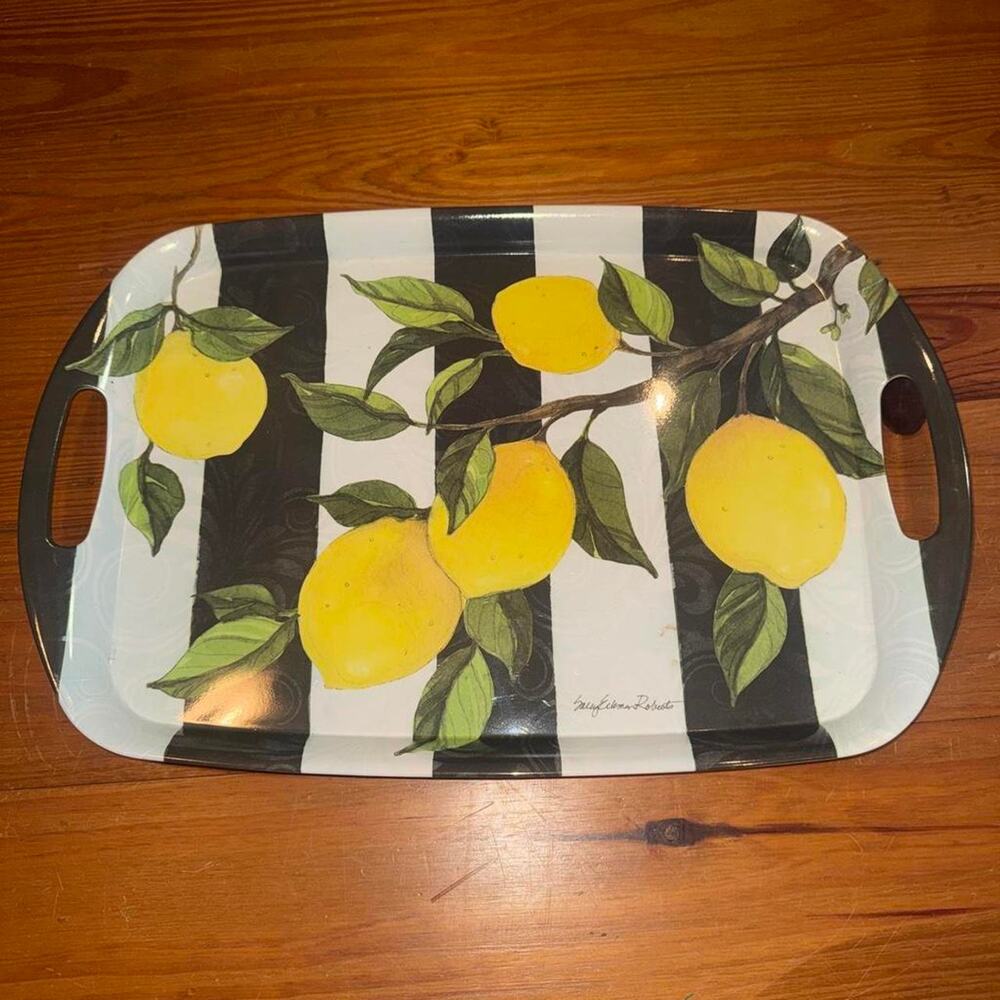 Sally Eckman Roberts Bamboo Table Lemon Branch Serving Tray Black White Stripe